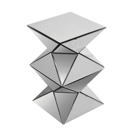12 in. Silver Specialty Mirror Glass Top Modern End Table with Geometric Pedestal Base